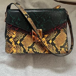 An Aldo bag it is green, yellow and red snakeskin cross body bag with two sides